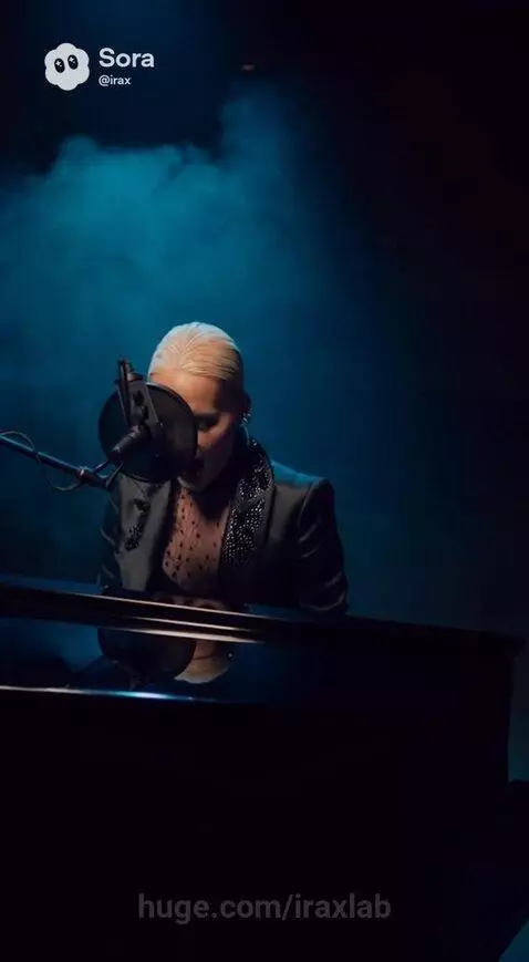 Blonde singer in dark, embellished top and jacket, singing passionately at a grand piano under a blue spotlight.