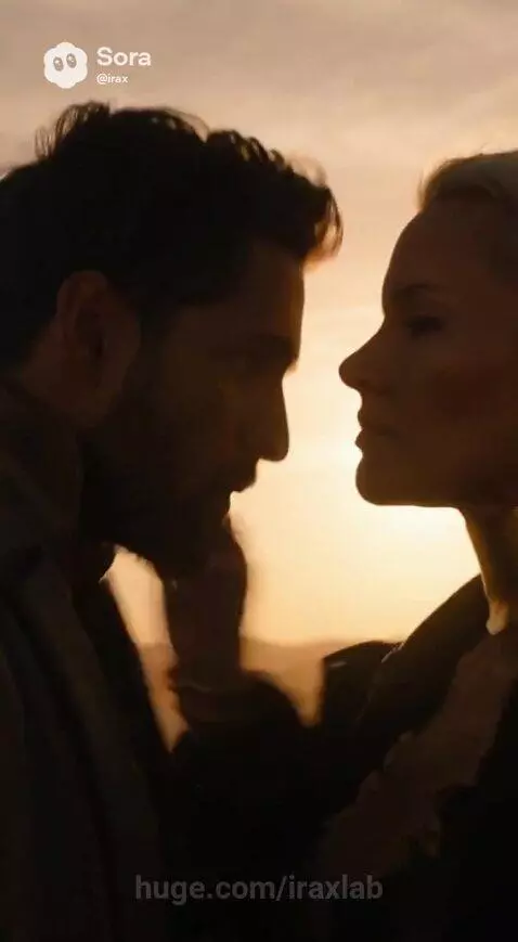 Silhouetted couple kissing against a vibrant desert sunset, with sand blowing in the wind.