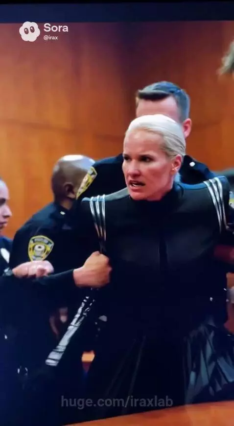 Woman in futuristic outfit angrily shouting and struggling with officers in a courtroom setting.