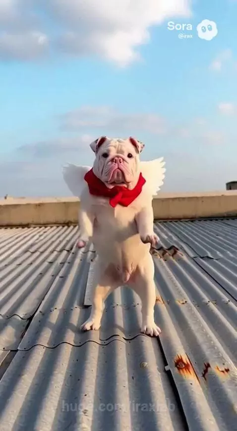 White bulldog with red scarf and angel wings dancing on a metal roof against a blue sky.