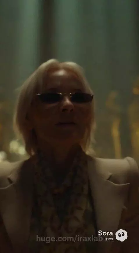 Woman in stylish suit exploring a dimly lit ancient tomb with golden sarcophagi illuminated by shafts of light.