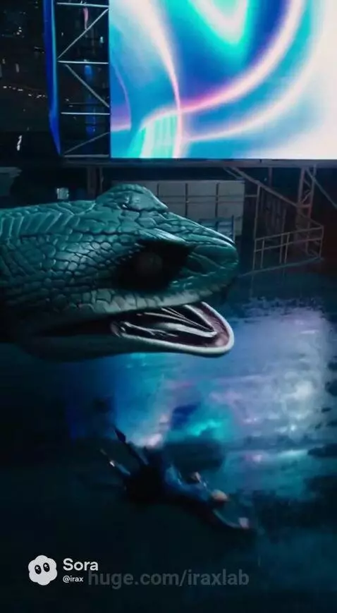 Woman with pointy ears running and jumping through a neon-lit, rain-slicked city alleyway at night, pursued by a snake creature.