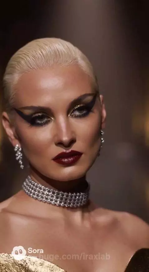 Model with blonde hair and dramatic makeup walks runway in gold corset, velvet skirt, and gloves.