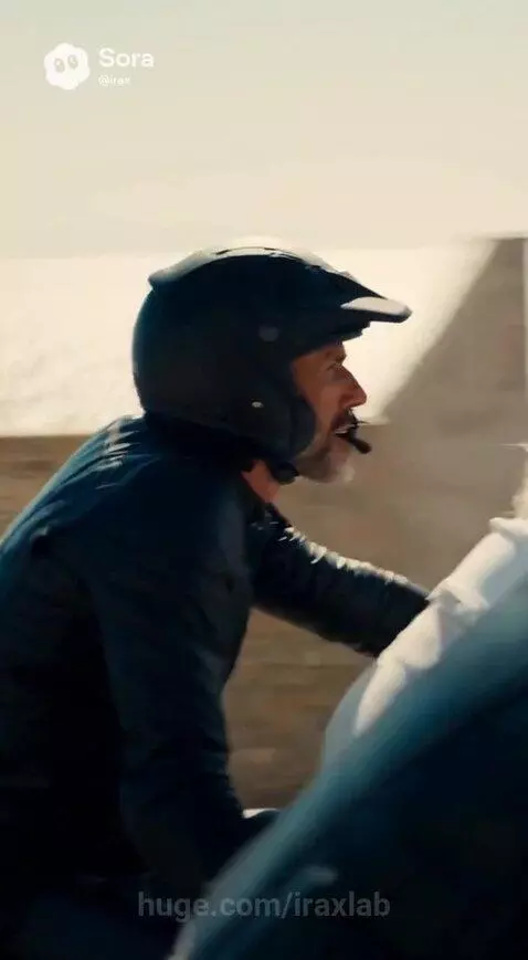 Man and woman on motorcycles in a high-speed chase across rooftops and over the sea in a sunny coastal town.