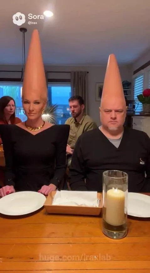 Two adults wearing large cone-shaped headpieces sit at a dining table eating salad and bread.