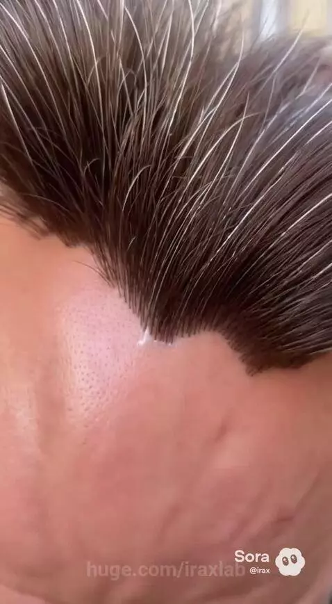 Man with rapidly growing long brown hair on a cobblestone street, woman in white blazer applies substance.