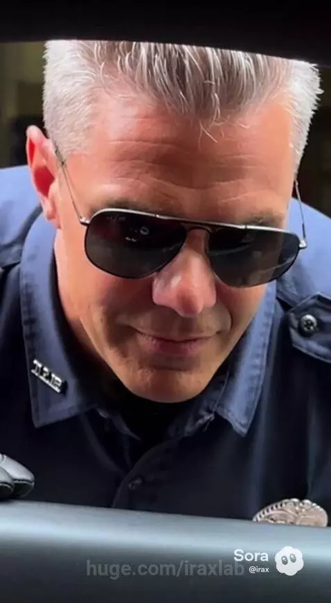 Woman in red coat and sunglasses driving a red Ferrari, pulled over by a police car.