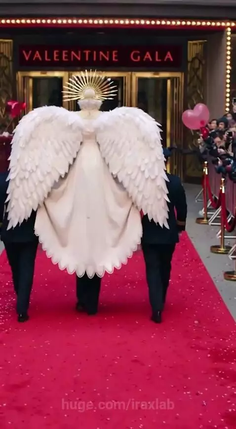 A woman dressed as a Valentine Angel with large wings and halo, walking down a red carpet.