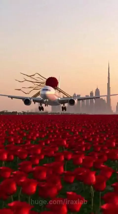 A large white passenger airplane with a bouquet of red roses on its roof landing on a runway covered in red rose petals.