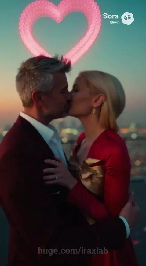 Man parachuting onto a city rooftop at sunset for a Valentine's Day proposal with a drone heart light show.