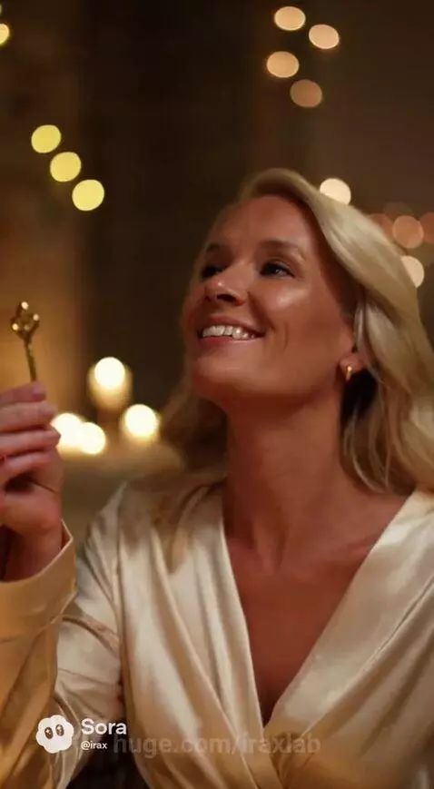Couple embracing on a balcony with a castle and heart-shaped lights in the background during a fireworks display.