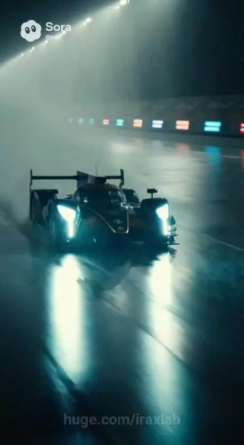Futuristic race car with glowing headlights speeding on a wet track at night, kicking up spray.