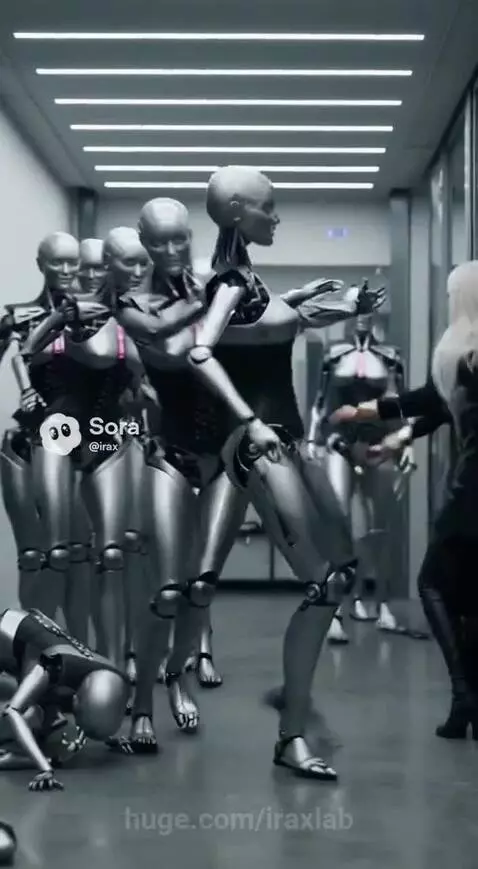 Woman with white hair in black outfit fighting silver robots with pink accents in a modern corridor.