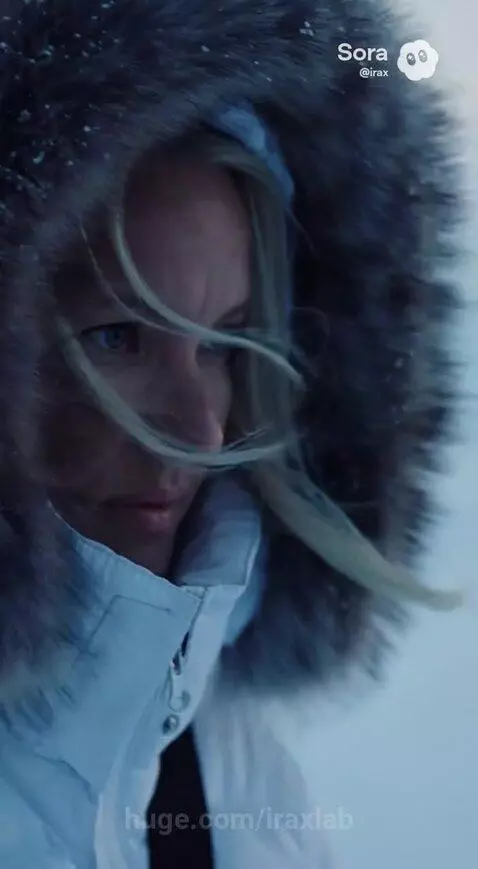 Human in a white coat exchanges a glowing orb with a tall grey alien in a snowy landscape, with a drone in the background.