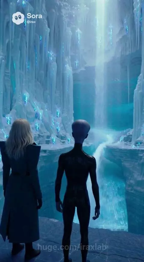 Blonde woman in teal coat and grey alien explore a glowing, blue ice cavern with a waterfall.
