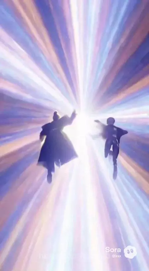 A blonde woman and a grey-skinned alien flying together through a vibrant, fantastical dimension with glowing structures.