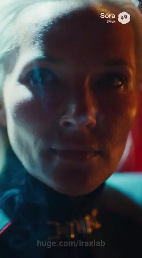 Fashion designer with long blonde hair sketching fashion designs in a dimly lit studio with red and blue tones.