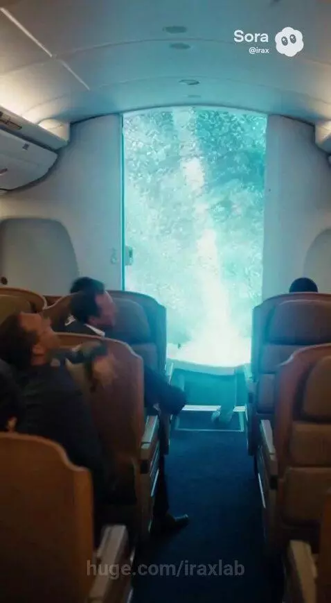 Airplane cabin interior with a passenger disintegrating into blue shimmering particles, energy sphere forming.
