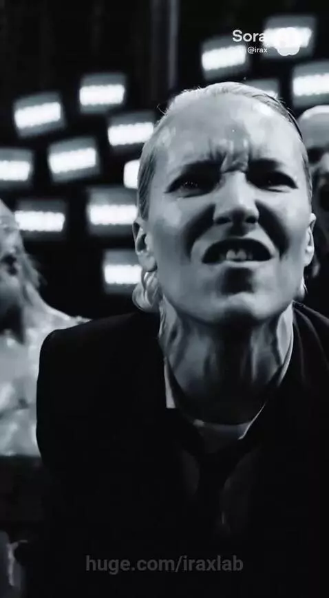 Woman submerged in water with robotic arm near her head, glowing eyes, and cage-like mask.