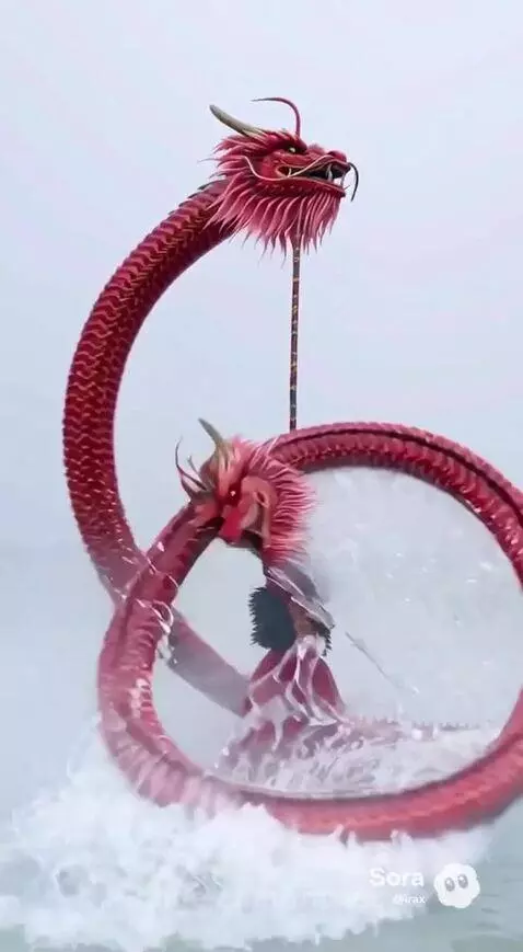 Woman in a red dress with a dragon prop in a body of water, with water splashing.