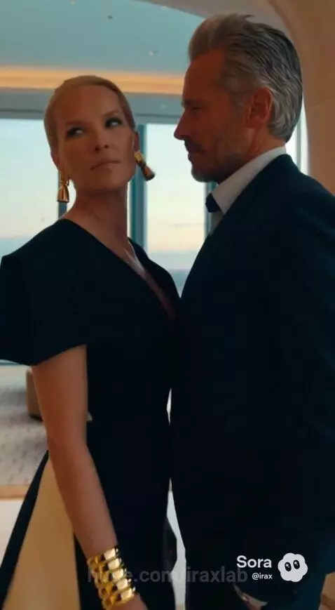 Confident woman in a black and white gown with a high slit, standing in a penthouse with city views at sunset.