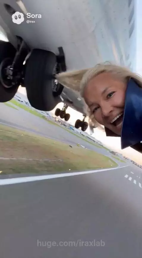 Woman in blue coat on airport runway with airplane flying overhead, hair blowing in jet wash.