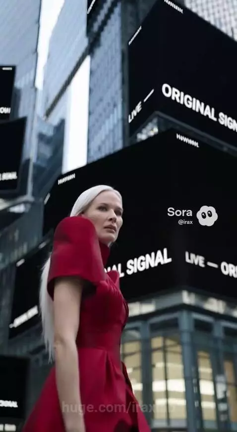 Woman with white hair in a red dress walks through a futuristic city with digital billboards.