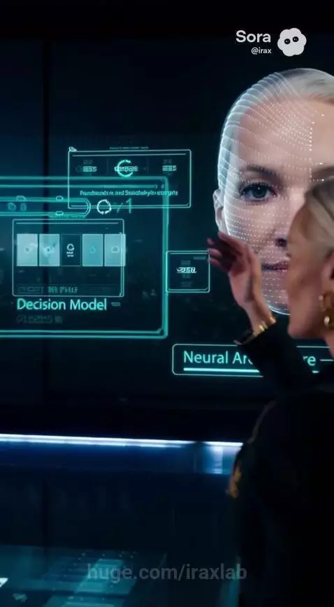 Woman in futuristic suit interacting with holographic interface showing digital face and data.