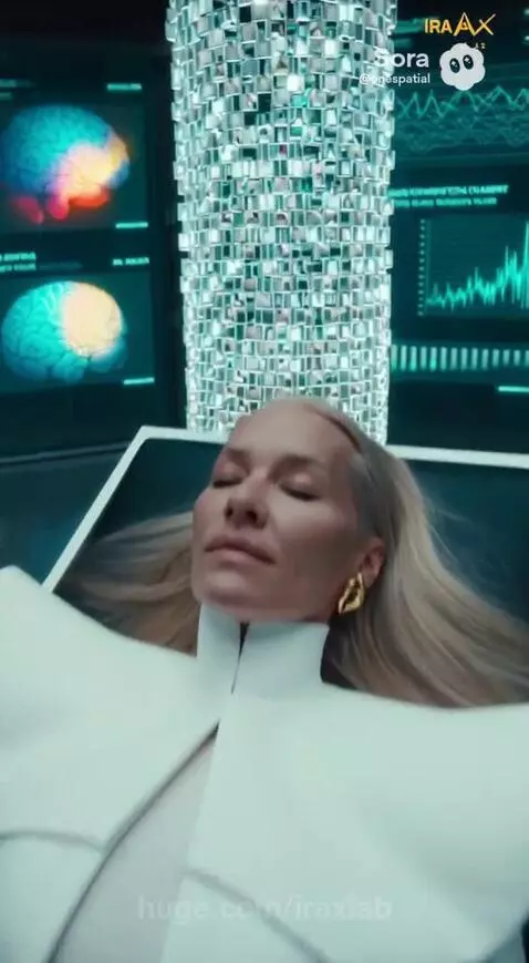 Woman in futuristic chamber undergoing digital enhancement with holographic interfaces and data visualizations.