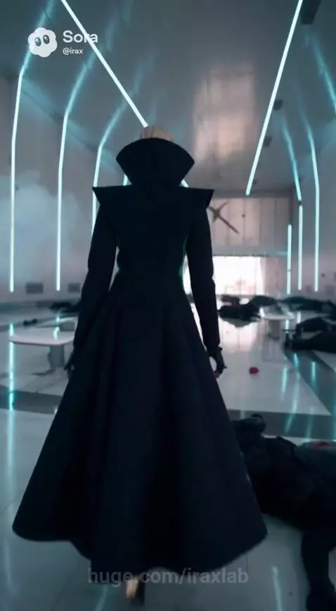 A person in a black coat surveys a futuristic room filled with fallen tactical team members, smoke, and blue neon lights.