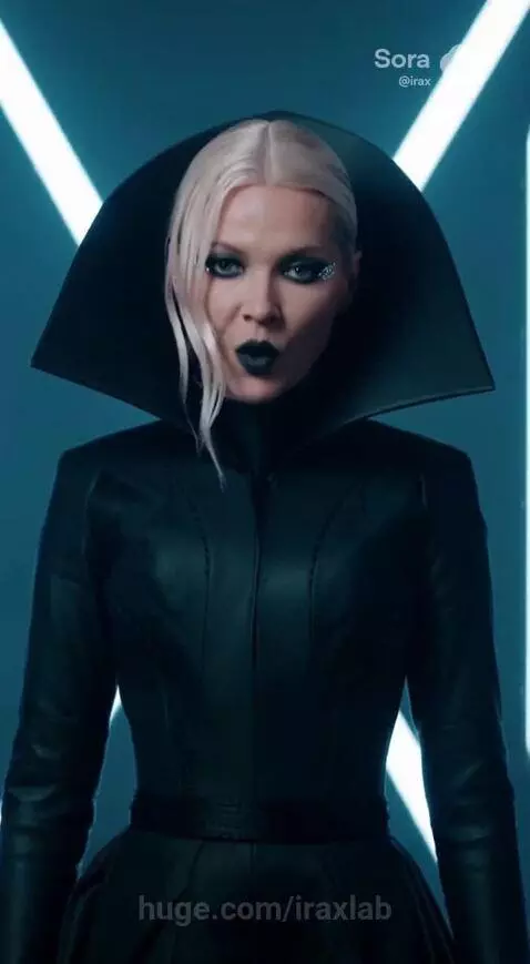 Woman with dark makeup and leather-like gown in blue neon light, singing.