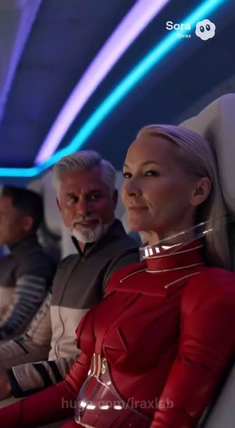 Adults in futuristic attire walking on the surface of Mars towards a base, with Earth visible in the background.