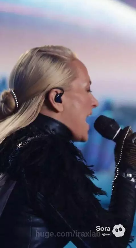 Woman in futuristic armor and cape performing on an alien stage with aurora borealis sky and large moon.