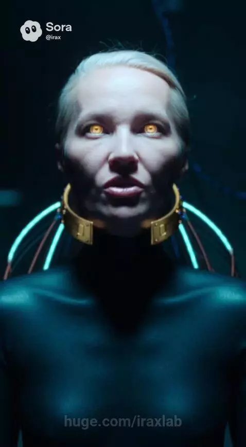 Woman with glowing orange eyes and a futuristic collar in a dark, high-tech environment.