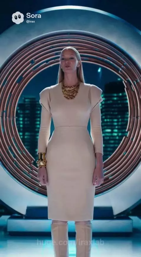 Woman in beige dress on stage demonstrating controlled spatial displacement with a blue light and floating block.