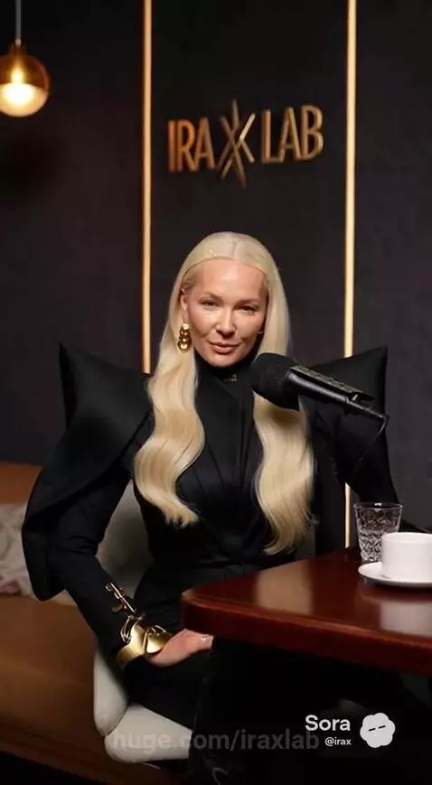 Host with long blonde hair at a wooden table with a microphone, inviting creators to the IRAX Lab Talk Show.