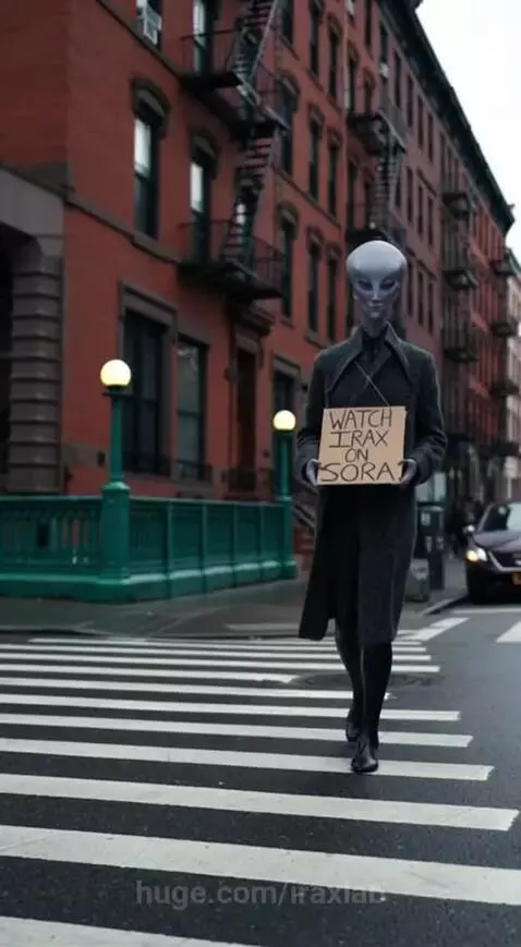 Alien with grey head and dark coat walks on city sidewalk holding a sign that says 'WATCH IRAX ON SORA'.