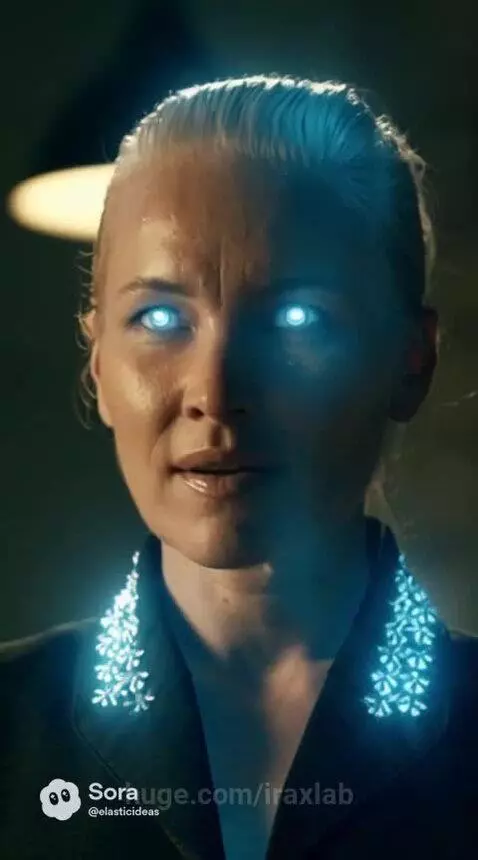 Woman with glowing blue eyes and illuminated collar in a tense interrogation, a glass of water shakes.