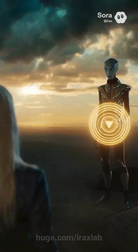 Blonde woman with glowing orbs in hands levitates into a spaceship, leaving Earth.