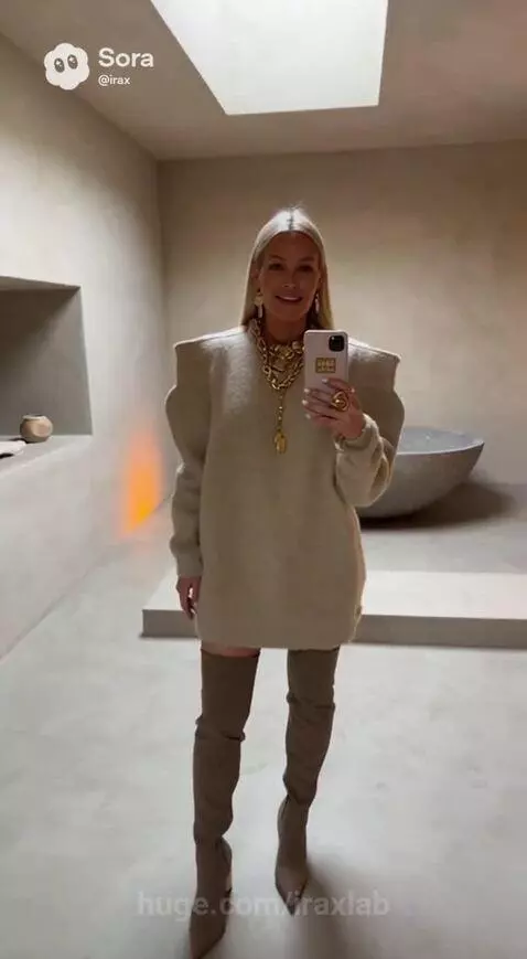 Woman in beige sweater dress giving a tour of her minimalist house with a modern fireplace and round sofa.