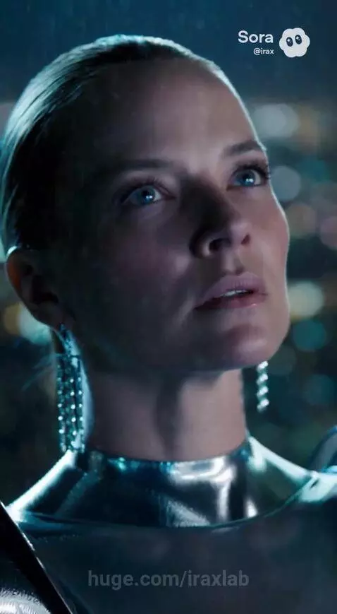 Woman in a metallic silver gown ascending into a spaceship via a beam of light over a futuristic city at night.