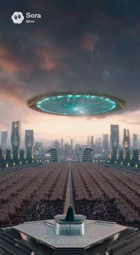 A blonde woman in a green and gold outfit addresses a crowd as glowing alien figures emerge from a spacecraft in a futuristic city.