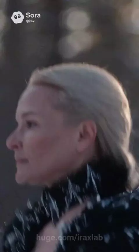 Woman in a dramatic black feathered gown riding a white horse through a snow-covered forest during golden hour.