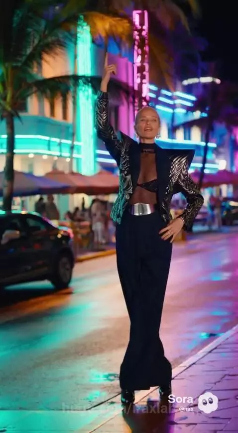 Woman in sheer top and metallic jacket singing on a neon-lit city street at night.