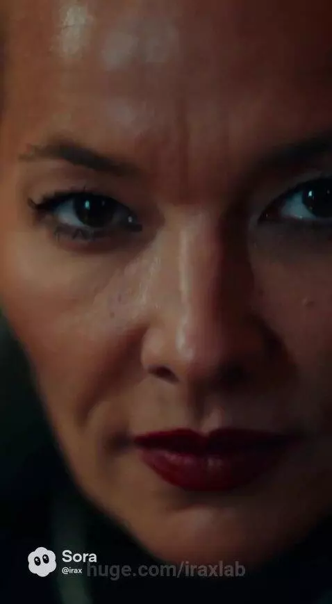 Woman in a coat walking in a snowy, neon-lit city at night, then negotiating with a man over stacks of money.