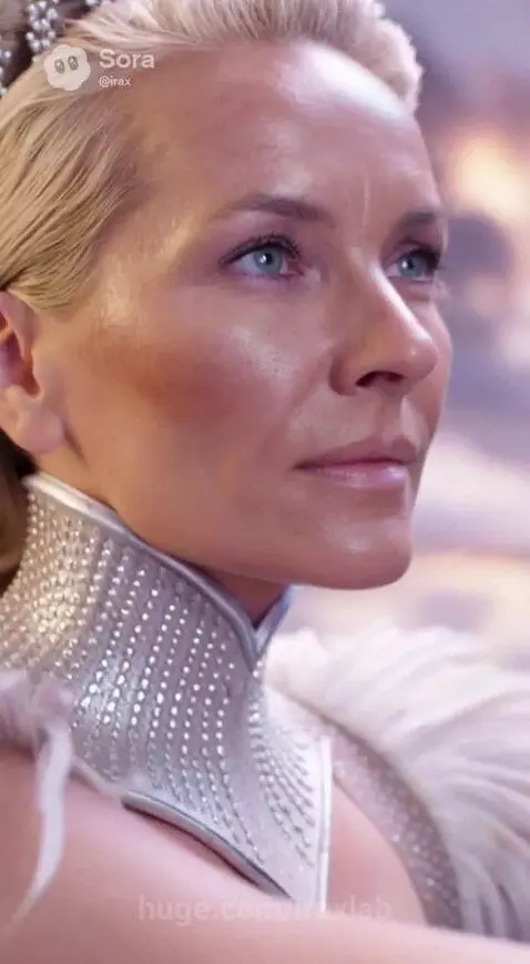 Angel with braided hair and crown casting light magic over a fantasy cloud city at sunset.