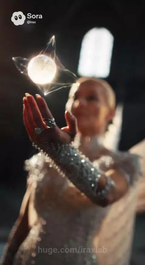 Woman dressed as an angel with large feathered wings holding a glowing orb, radiating light.