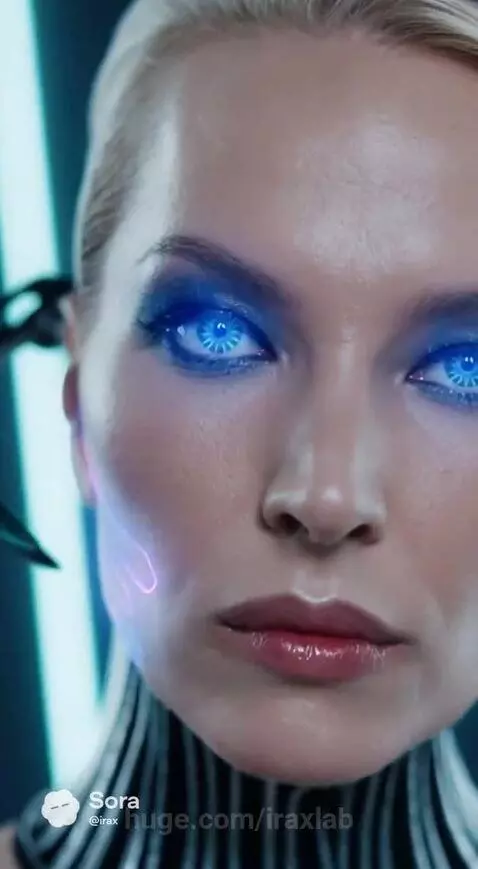 Woman with metallic wings and glowing blue makeup on a circular platform in a futuristic corridor.