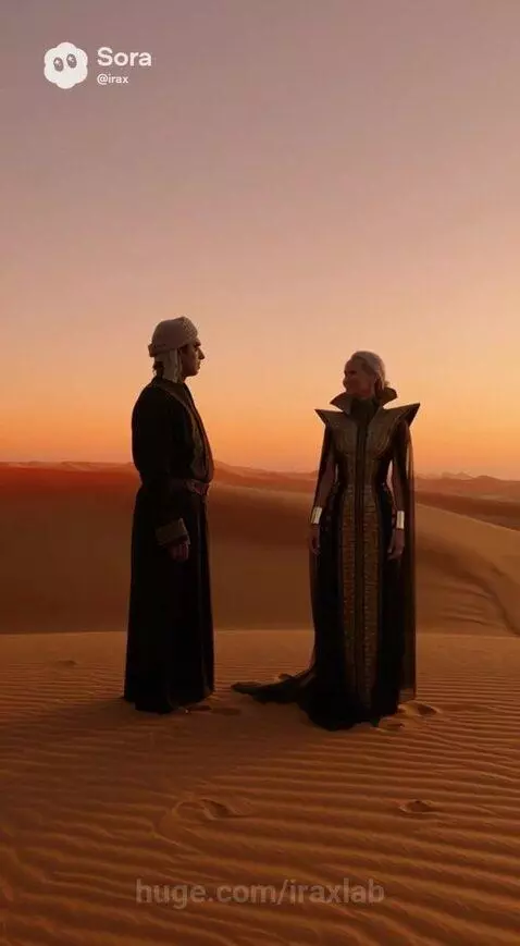 Man in turban conjures a glowing sandy bird in a desert sunset; woman creates golden patterns.