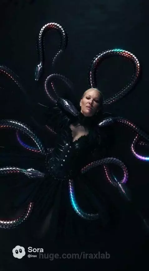 Futuristic woman with glowing purple eyes, emerging from water, with metallic tentacles extending from her back.